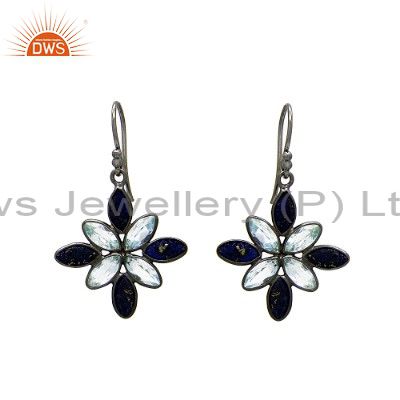 Oxidized Sterling Silver White Moonstone And Smoky Quartz Flower Dangle Earrings