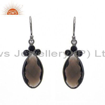 Oxidized Sterling Silver Black Onyx And Smoky Quartz Gemstone Dangle Earrings