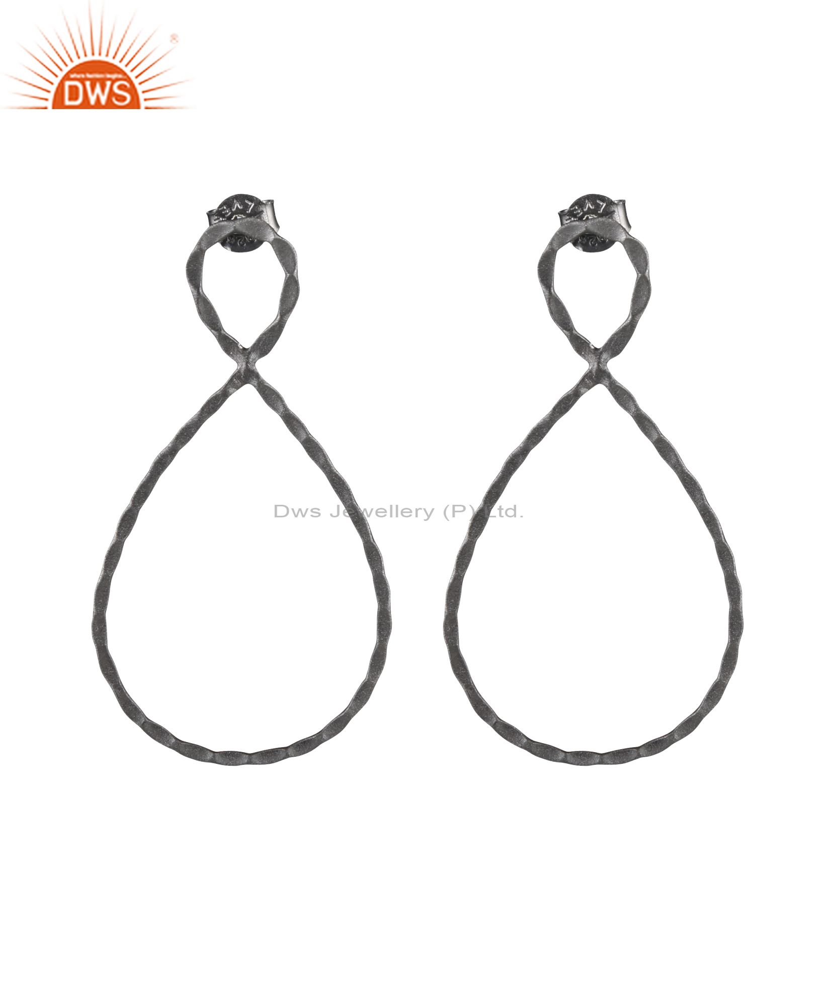 925 Solid Sterling Silver With Oxidized Hammered Open Teardrop Dangle Earrings