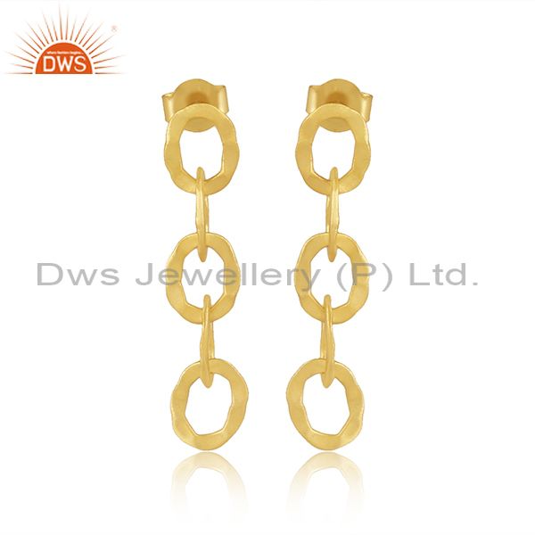 14K Yellow Gold Plated Sterling Silver Hammered Multi Link Chain Dangle Earrings
