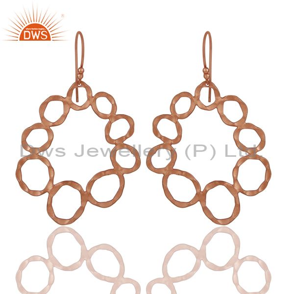 Handmade Solid Sterling Silver Rose Gold Plated Hammered Circle Dangle Earrings