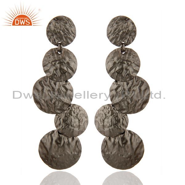 Black Rhodium-Plated Sterling Silver Handmade Linear Disc Drop Earrings
