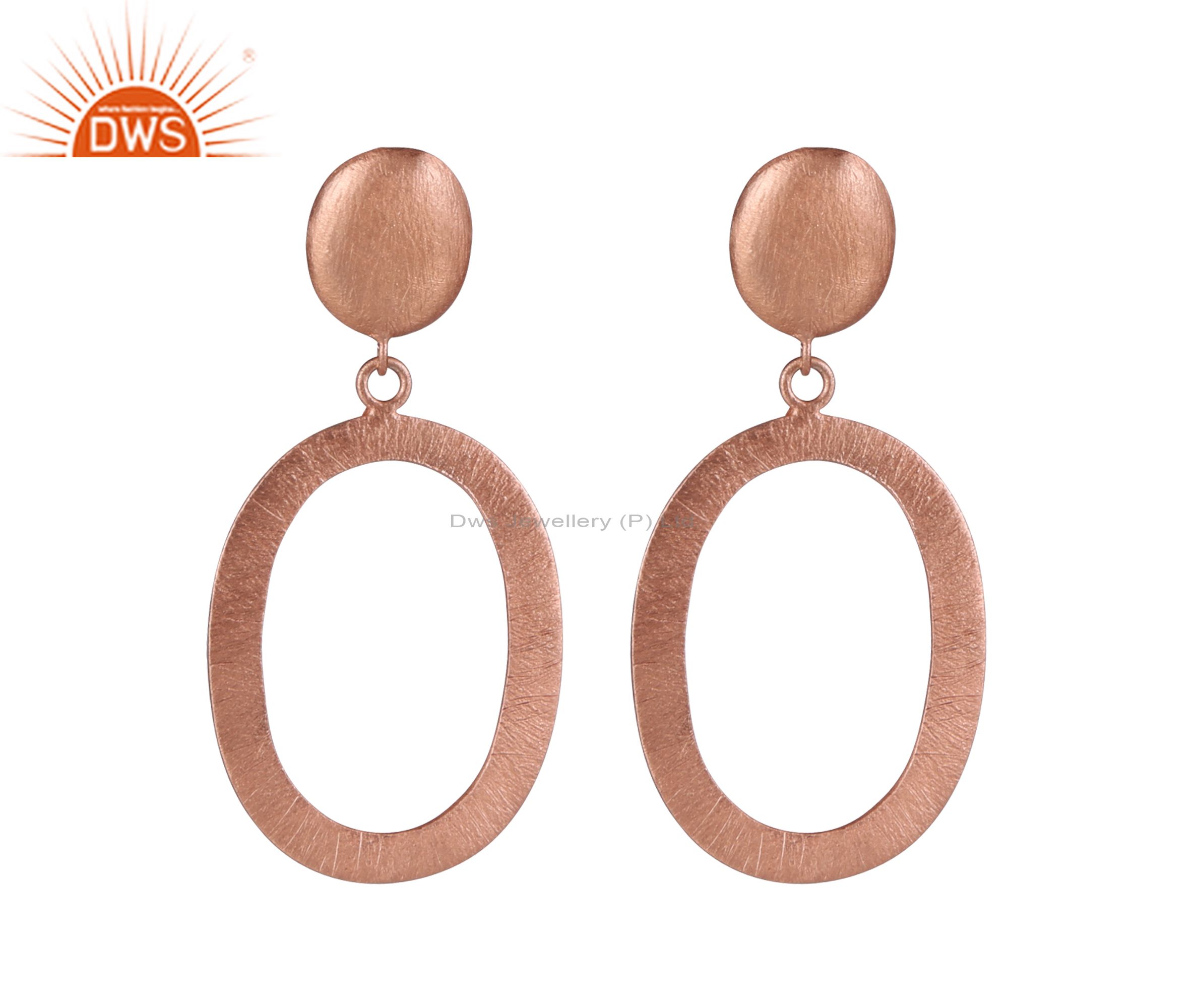 18K Rose Gold Plated Solid Sterling Silver Brushed Open Oval Dangle Earrings