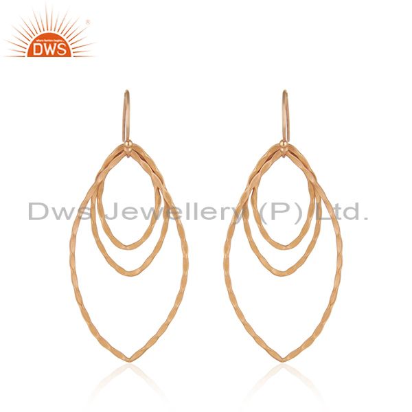 18K Rose Gold Plated Sterling Silver Hammered Open Marquise Dangle Earrings