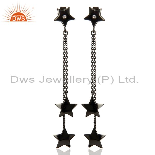 925 Sterling Silver With Oxidized White Topaz Star Design Chain Dangle Earrings