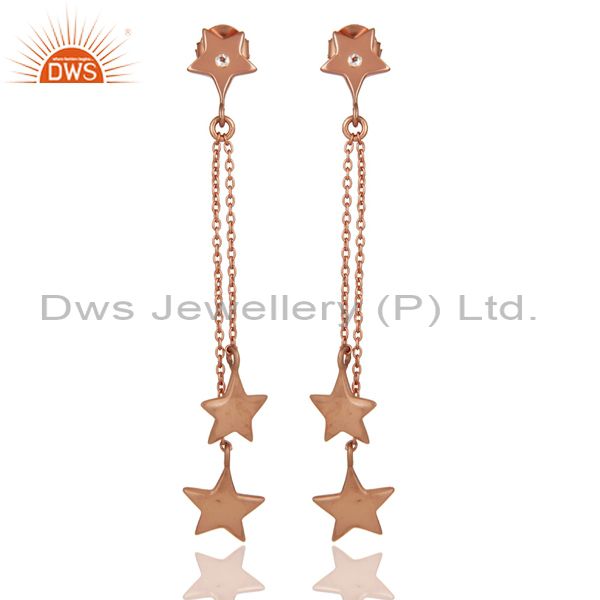 925 Sterling Silver With Rose Gold Plated White Topaz Star Chain Dangle Earrings