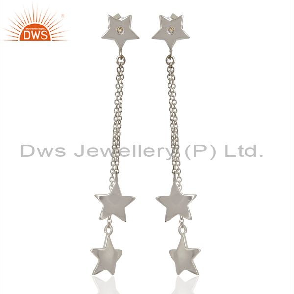 925 Sterling Silver White Topaz Star Chain Dangle Earrings