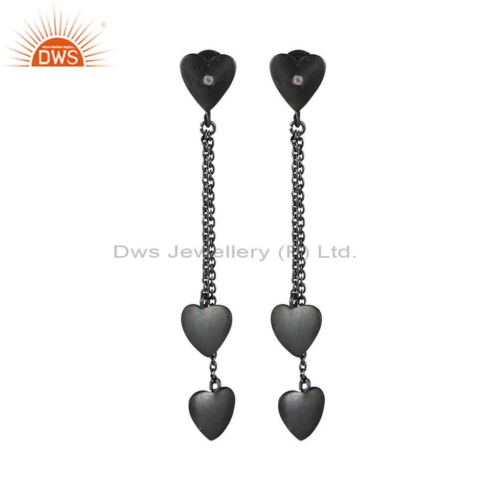 Black Rhodium Plated Sterling Silver White Topaz Heart Chain Dangle Earrings