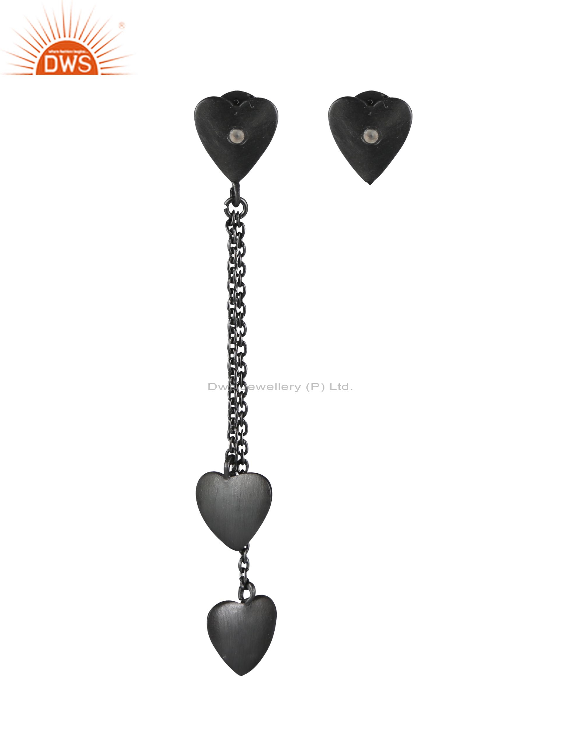 Black Rhodium Plated Sterling Silver White Topaz Chain Heart Dangle Earrings