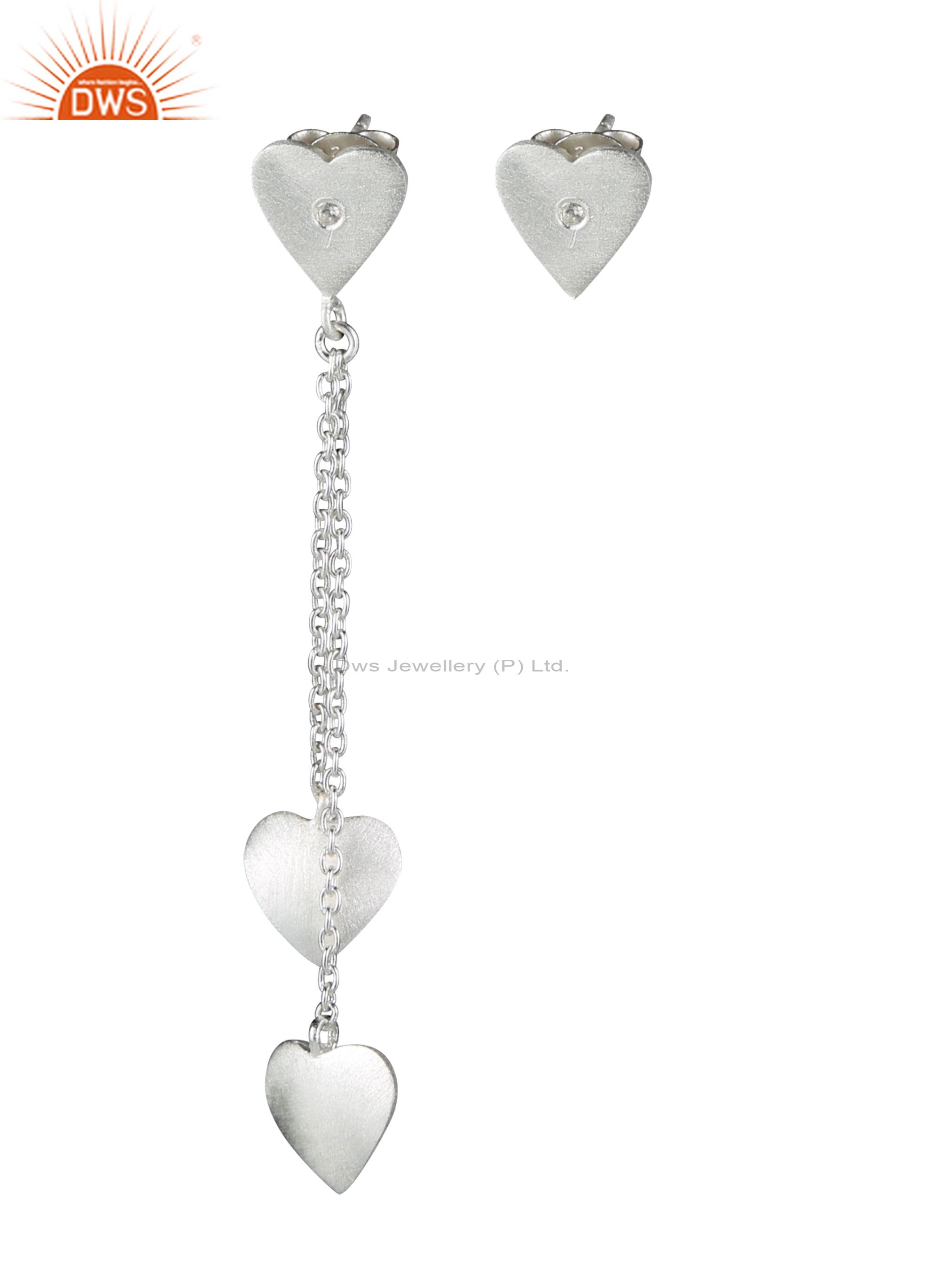 925 Sterling Silver White Topaz Link Chain Double Heart Dangle Stud Earrings