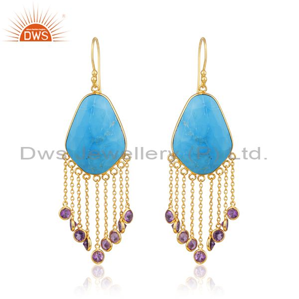 18K Yellow Gold Plated Sterling Silver Turquoise And Amethyst Chandelier Earring