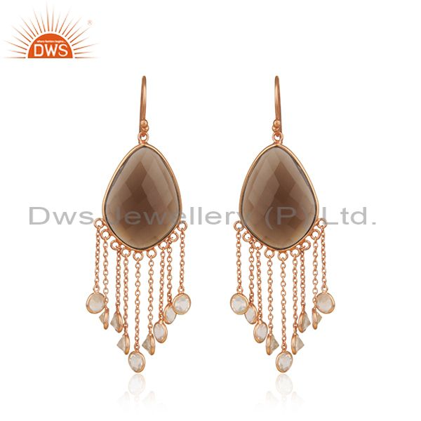 18K Rose Gold Plated Sterling Silver Smoky Quartz Link Chain Chandelier Earrings