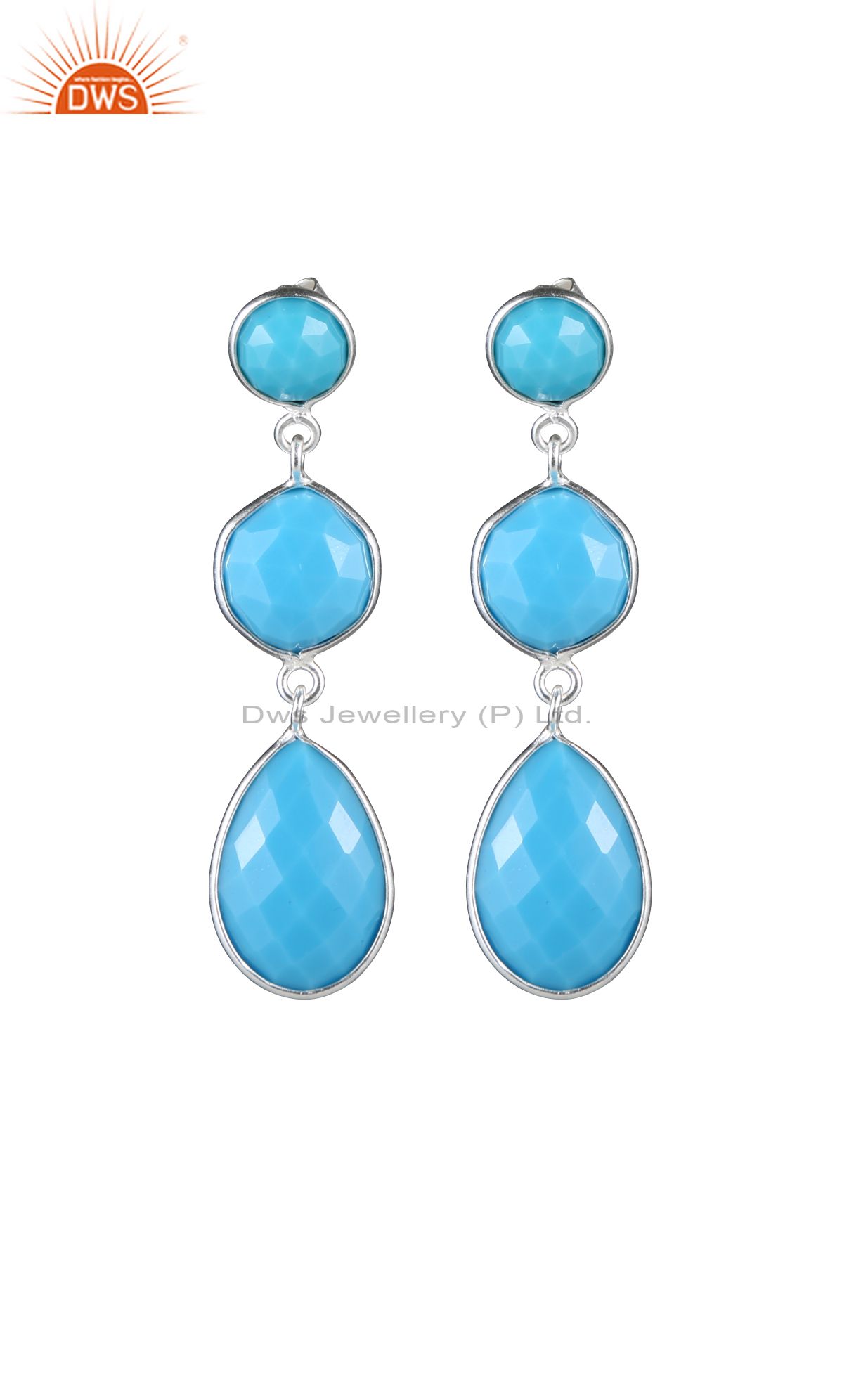 925 Sterling Silver Faceted Turquoise Bezel Set Triple Gemstone Dangle Earrings