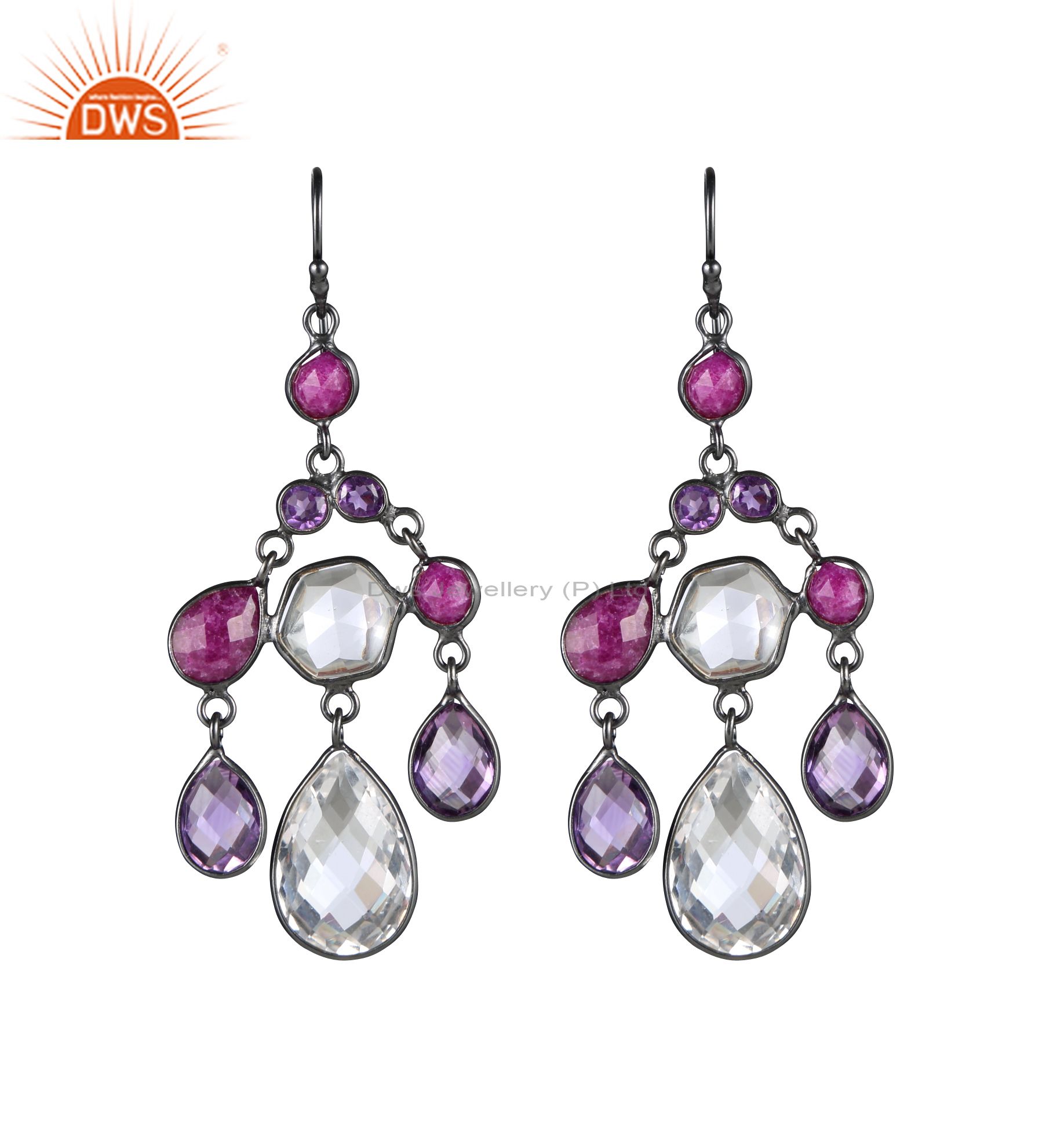 Oxidized Sterling Silver Amethyst, Dyed Ruby And Crystal Chandelier Earrings