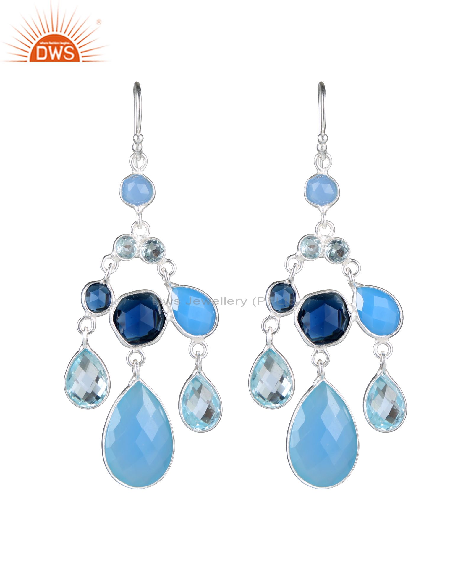 925 Sterling Silver Blue Chalcedony And Blue Corundum Chandelier Earrings