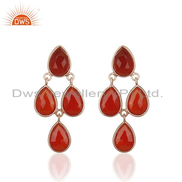 Red Onyx Gemstone Rose Gold Plated 925 Silver Drop Earrings Manufacturer