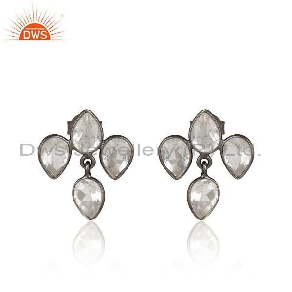 925 Sterling Silver With Oxidized Crystal Quartz Bezel Set Dangle Earrings