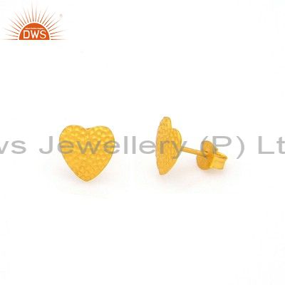 18K Yellow Gold Plated Sterling Silver Hammered Heart Stud Earrings