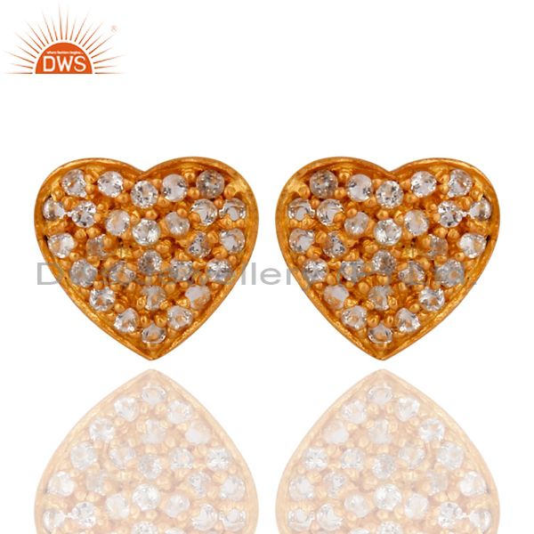 18K Yellow Gold Plated Sterling Silver White Topaz Heart Design Stud Earrings