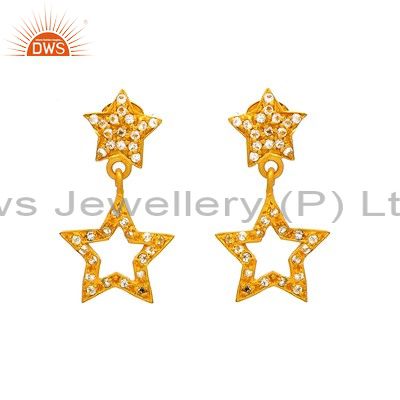 18K Yellow Gold Plated Sterling Silver White Topaz Star Design Dangle Earrings