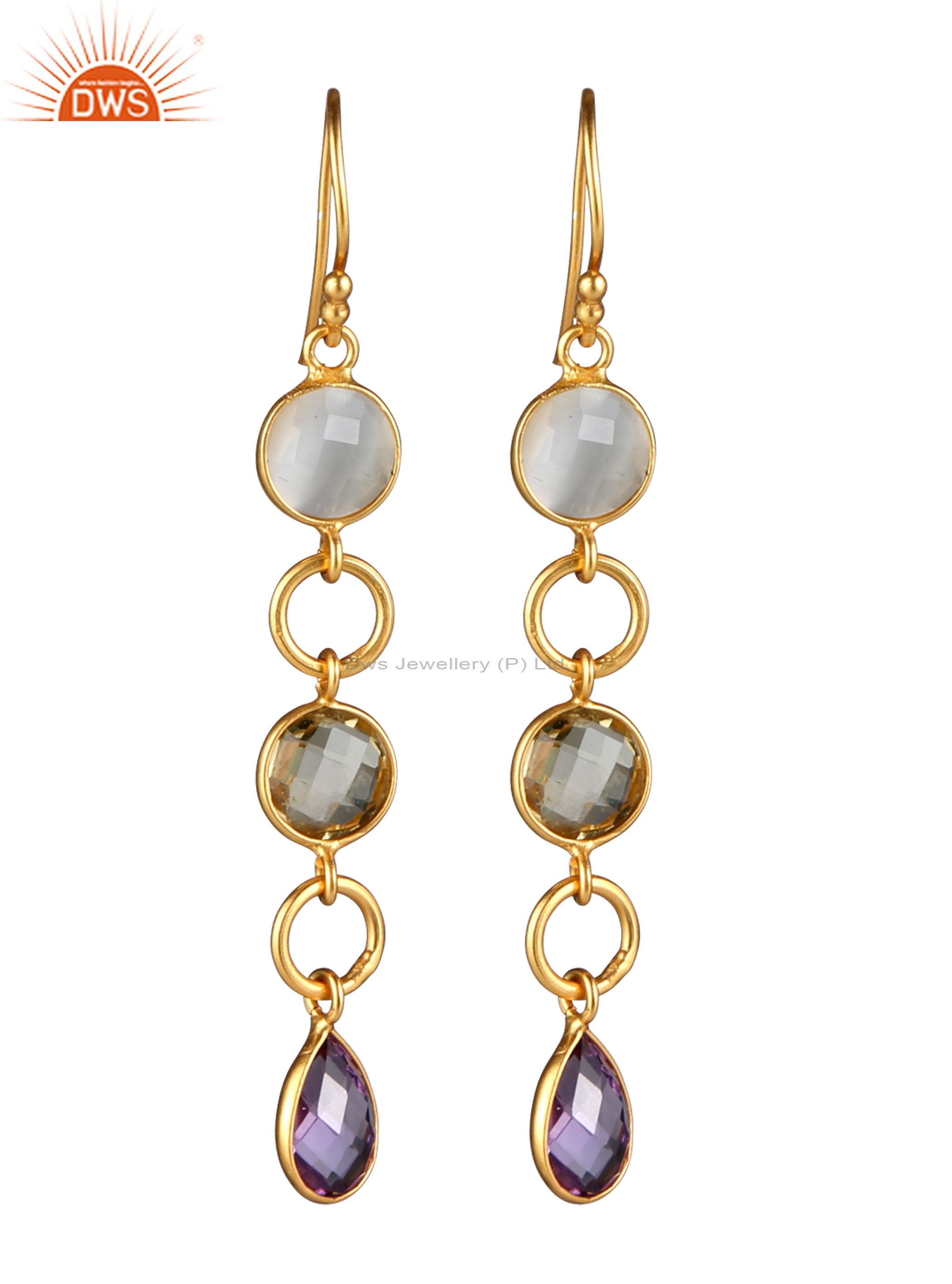 18K Yellow Gold Plated Sterling Silver Lemon Topaz And Amethyst Chain Earrings