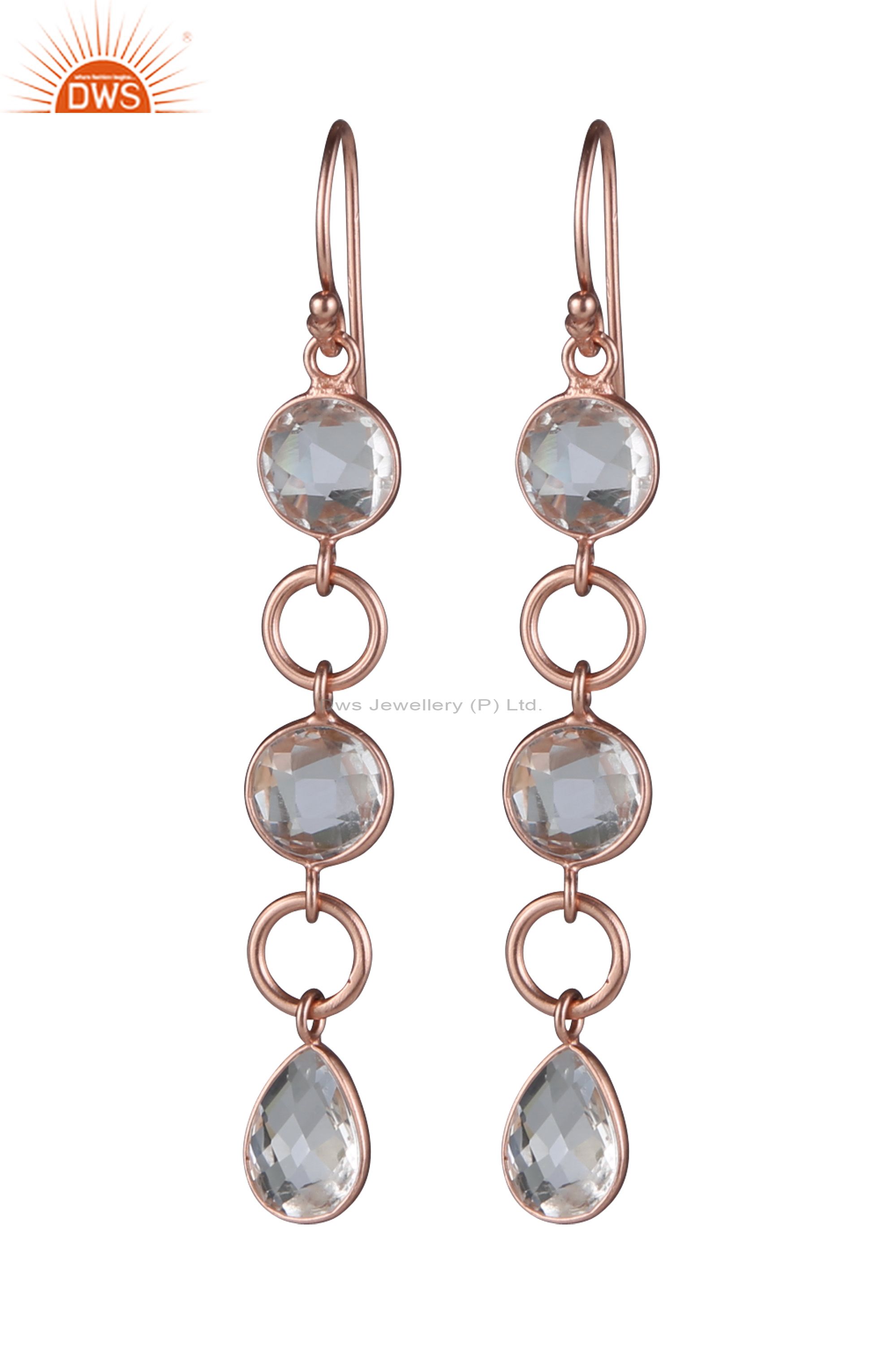 18K Rose Gold Plated Sterling Silver Crystal Quartz Gemstone Dangle Earrings