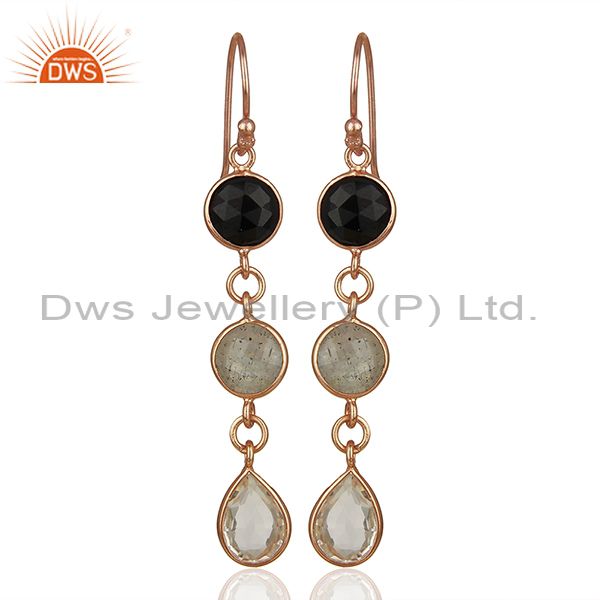 18K Rose Gold Plated Silver Crystal Quartz And Labradorite Dangle Earrings