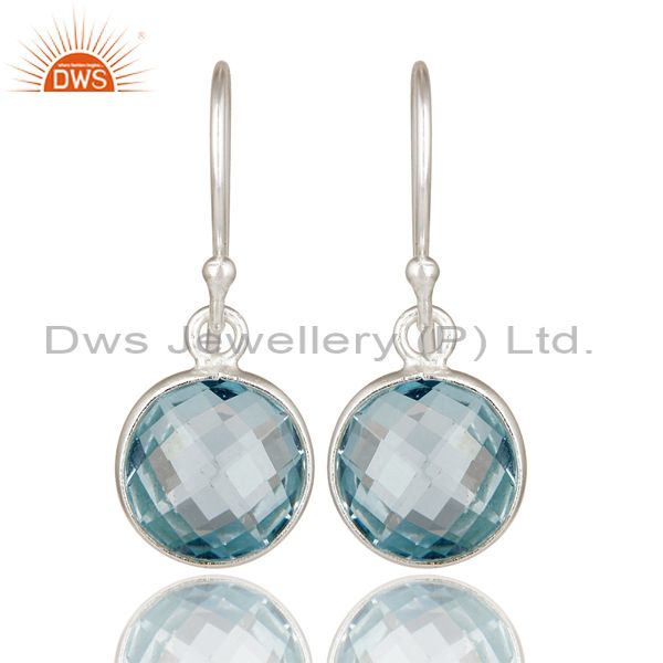 925 Sterling Silver Blue Topaz Gemstone Bezel Set Dangle Earrings
