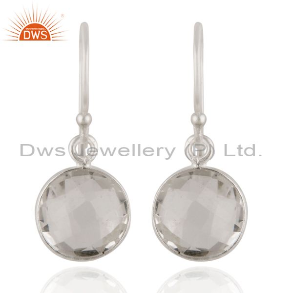 925 Sterling Silver Crystal Quartz Round Cut Bezel Set Dangle Earrings