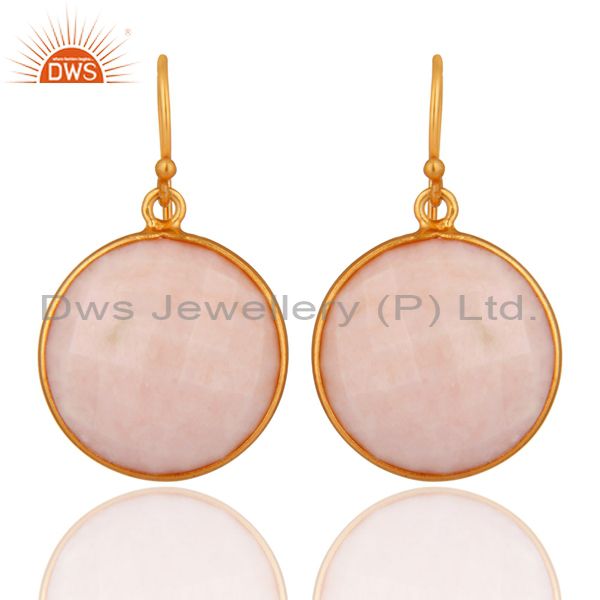 925 Sterling Silver Faceted Pink Opal Gemstone Dangle Earrings - Gold Plated