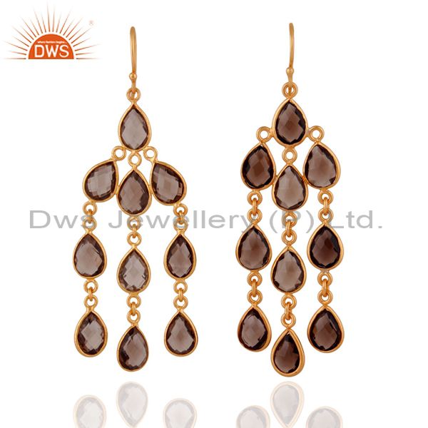 18K Yellow Gold Plated Faceted Smoky Quartz Chandelier Brass Earrings