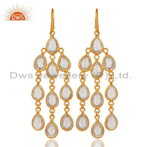 18K Yellow Gold Plated Sterling Silver Crystal Quartz Bridal Chandelier Earrings