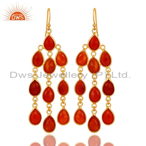 18K Yellow Gold Plated Sterling Silver Red Onyx Gemstone Chandelier Earrings