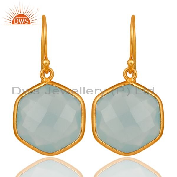 18K Gold On Sterling Silver Faceted Aqua Glass Bezel-Set Drop Earrings