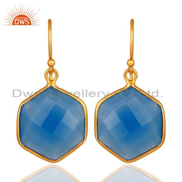 Dyed Blue Chalcedony Faceted 18K Gold Over 925 Silver Bezel-Set Dangle Earrings