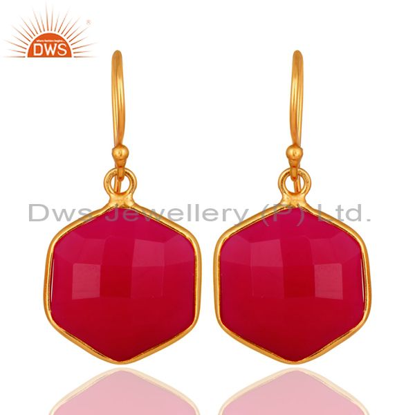18K Gold On Sterling Silver Faceted Dyed Pink Chalcedony Bezel-Set Drop Earrings