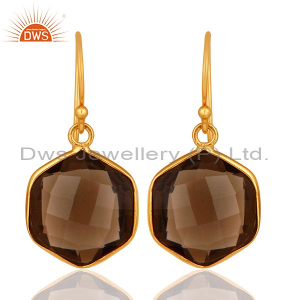 Smoky Quartz Faceted Hexagon Shaped 18K Gold On Sterling Silver Dangle Earrings