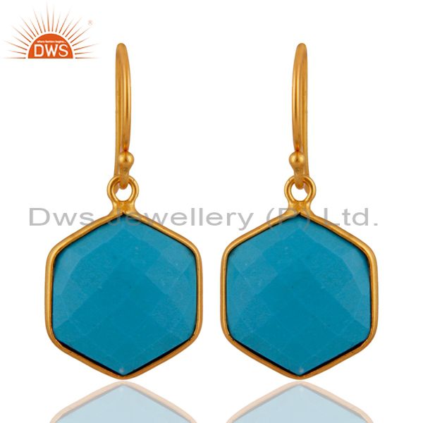 18K Yellow Gold Plated Sterling Silver Turquoise Bezel Set Hexagon Drop Earrings