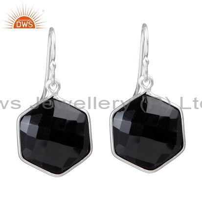 Handmade sterling silver faceted black onyx bezel set hexagon dangle earrings