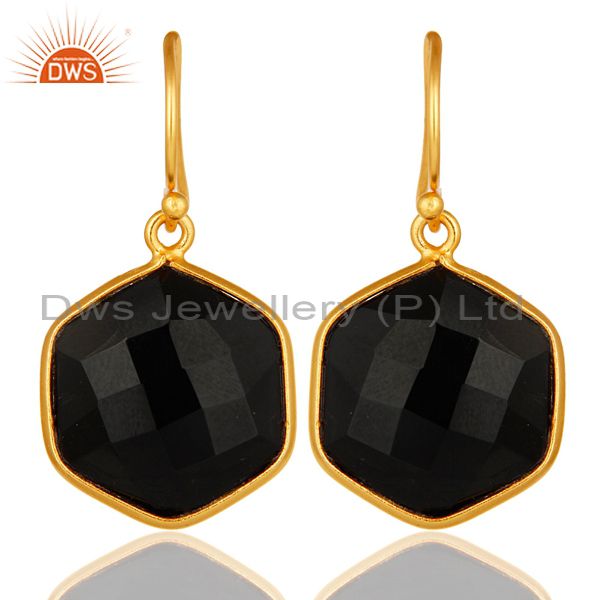 18K Yellow Gold Plated Sterling Silver Black Onyx Gemstone Drop Earrings