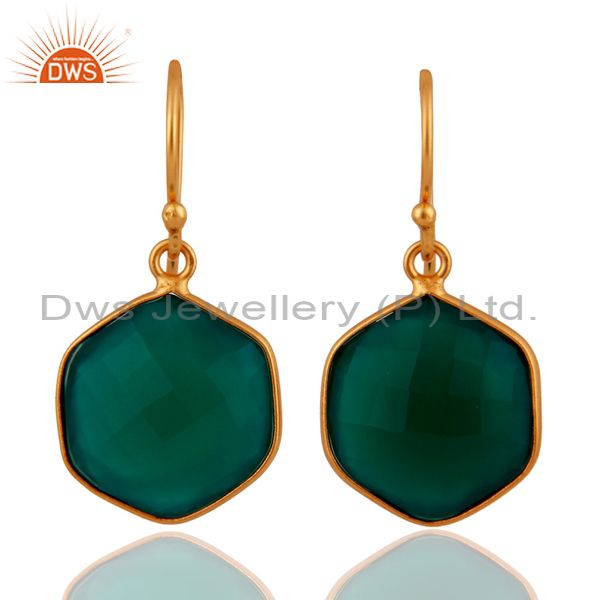 Faceted Green Onyx Bezel Set Gemstone Sterling Silver Earrings With Gold Plated