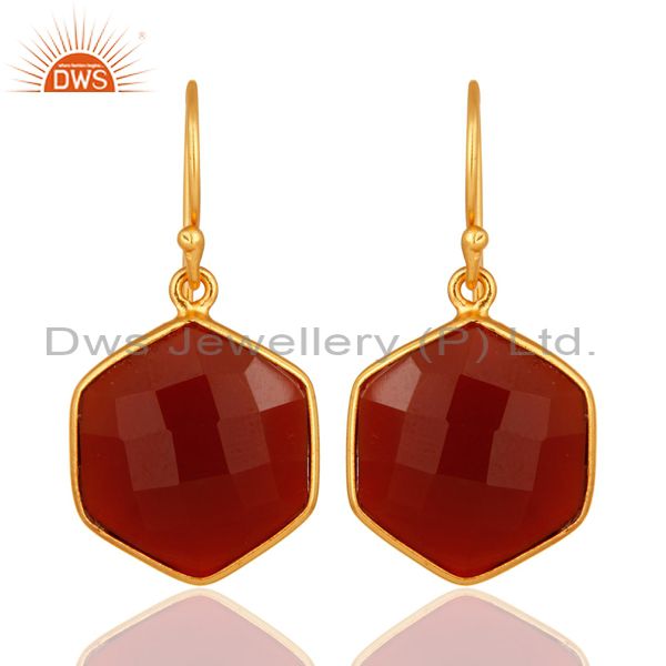 22ct Gold Plated Sterling Silver Faceted Red Onyx Hexagonal Drop Earrings