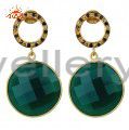18K Gold Plated Sterling Silver Green Onyx And Smoky Quartz Dangle Earrings