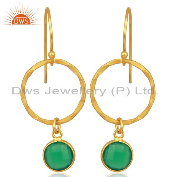 Green Onyx Gemstone Hammer Texture Circle Sterling Silver Gold Plated Earring