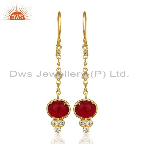 CZ Red Aventurine Gemstone Gold Plated Brass Earrings Supplier