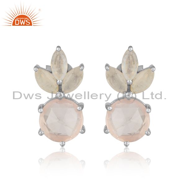 Designer stud in solid silver crafted with adorable rose quartz
