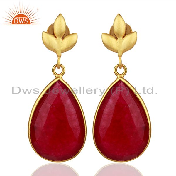 Red Aventurine Gemstone 925 Silver Gold Plated Girls Earrings Jewelry