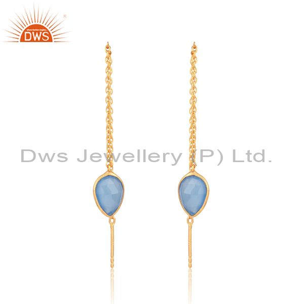 Designer chain dangle in yellow gold on silver blue chalcedony