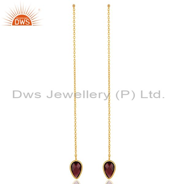 Natural Garnet Gemstone Solid 925 Silver Gold Plated Chain Earrings