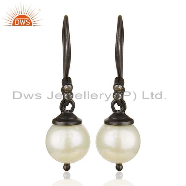 Round White Pearl Black 925 Sterling Silver Drop Earrings Wholesale